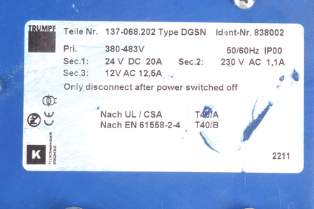 137-068.202 TRUMPF DGNS 838002 483V, 24V, 12V TRANSFORMATOR