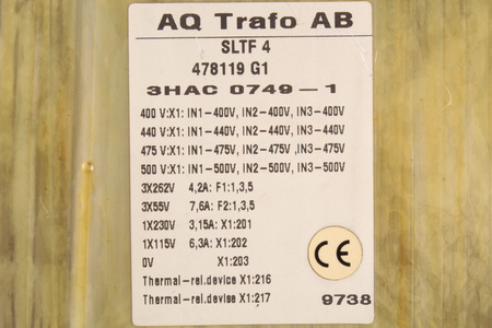 3HAC0749-1 ABB SLTF4 400/440/475/500V, 3X262/3X55/1X230/1X115V TRANSFORMATOR