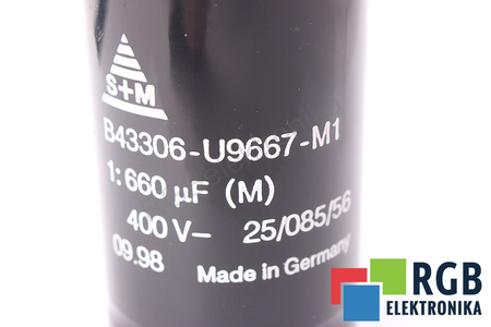 CONDENSATOR B43306-U9667-M1 S+M 25/085/56 660UF, 400VDC CONDENSATOR