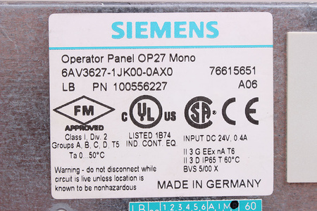 6AV3627-1JK00-0AX0 SIEMENS OP27 STN MONOCHROME LC DISPLAY