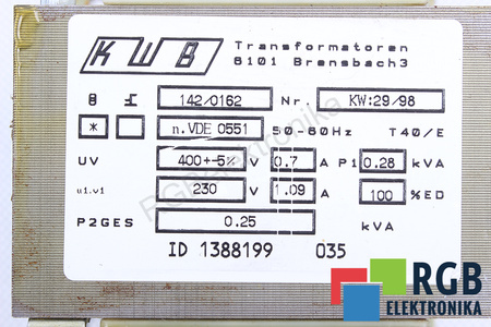 142/0162 KWB PRI 400V SEC 230V 1.09A 0.28KVA