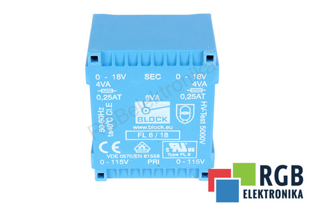FL8/18 BLOCK 2 X 115V, 2 X 18V, 8 VA, 50HZ / 60HZ TRANSFORMATOR