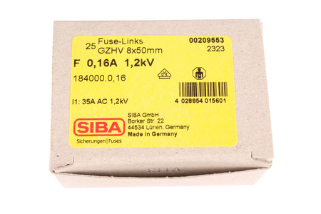 SIGURANŢĂ 184000.0.16 SIBA 1200V, 0.16A, 8MM, 50MM